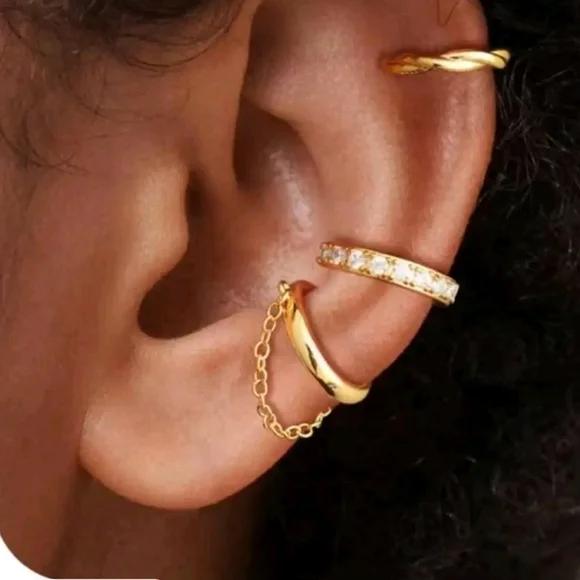 Gold Ear Cuff Set - Minimal Layered Hoops & Chain - Picture 3 of 6